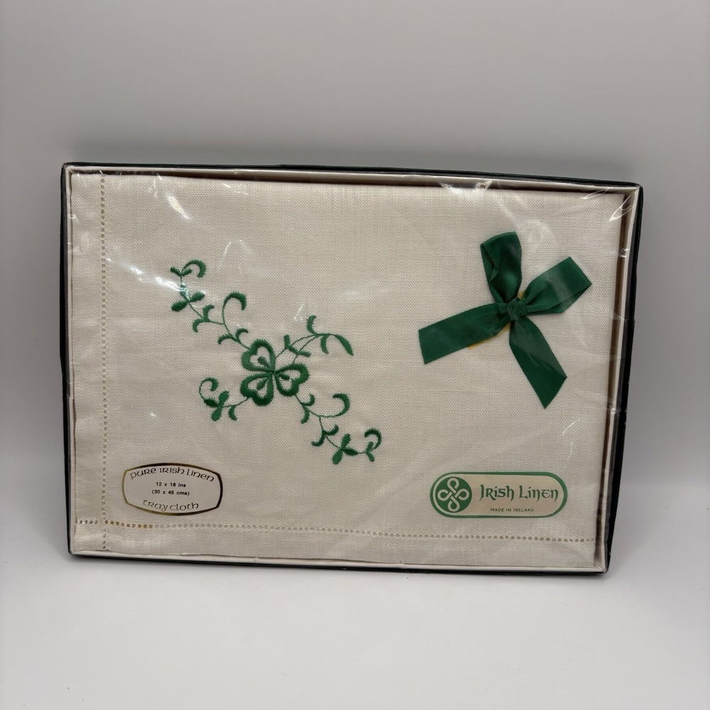 Vintage Embroidered Green Clover Irish Shamrock Linen Tray Cloth 12x18 Inches